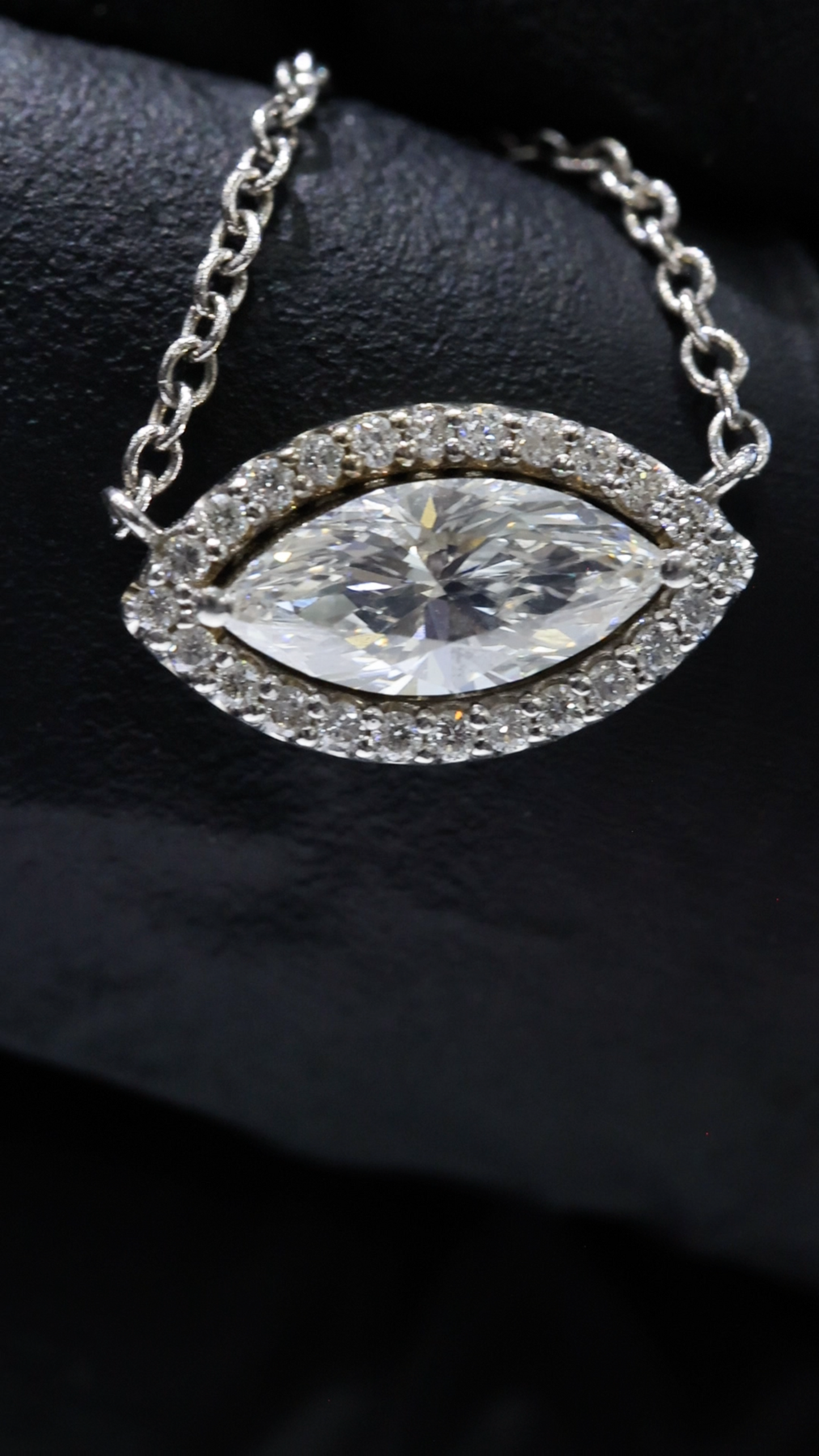 Natural Marquise Diamond Halo Necklace in White Gold | Floating Eye Design