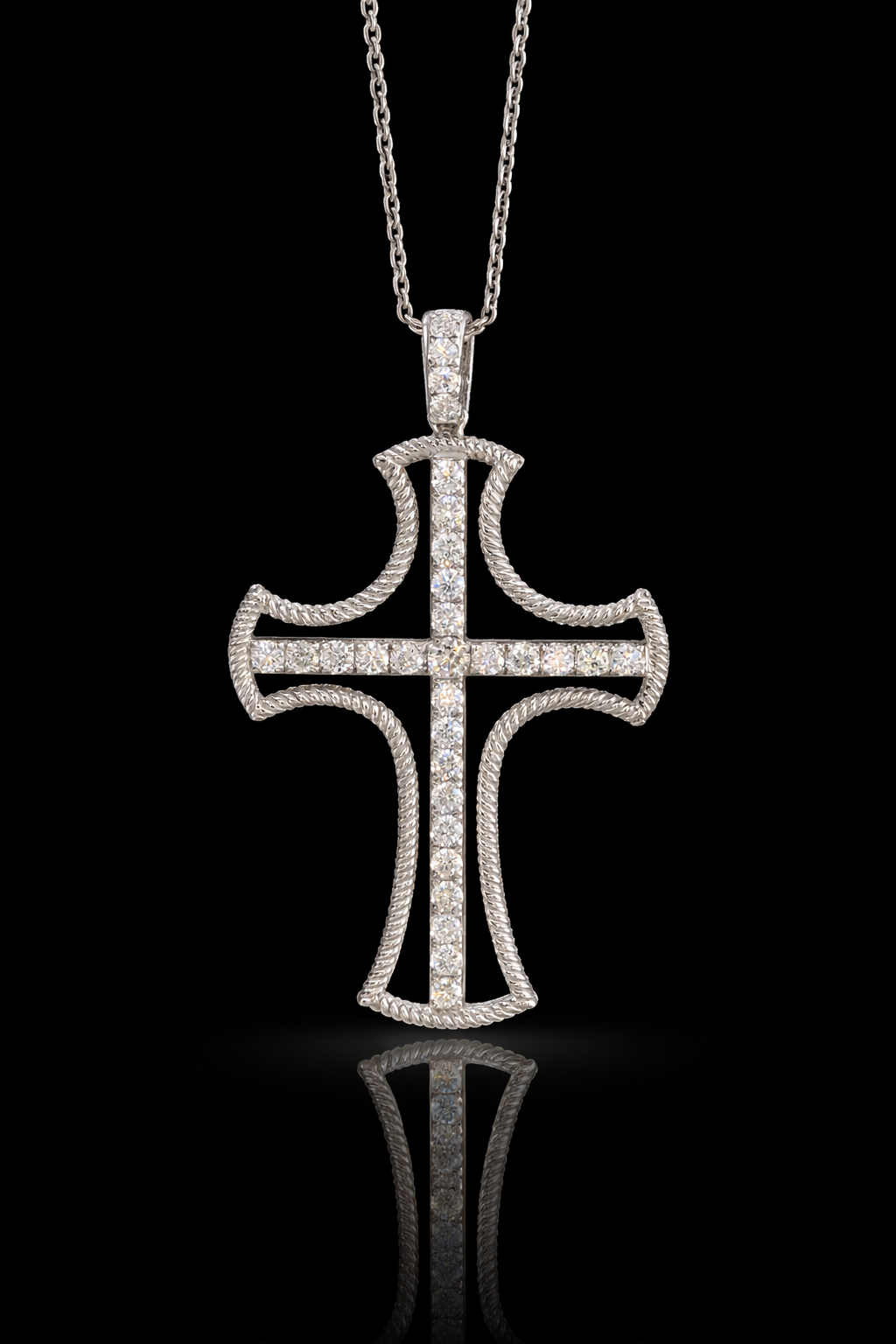 Natural Diamond Rope Cross Necklace in White Gold | Pavé Cross Pendant