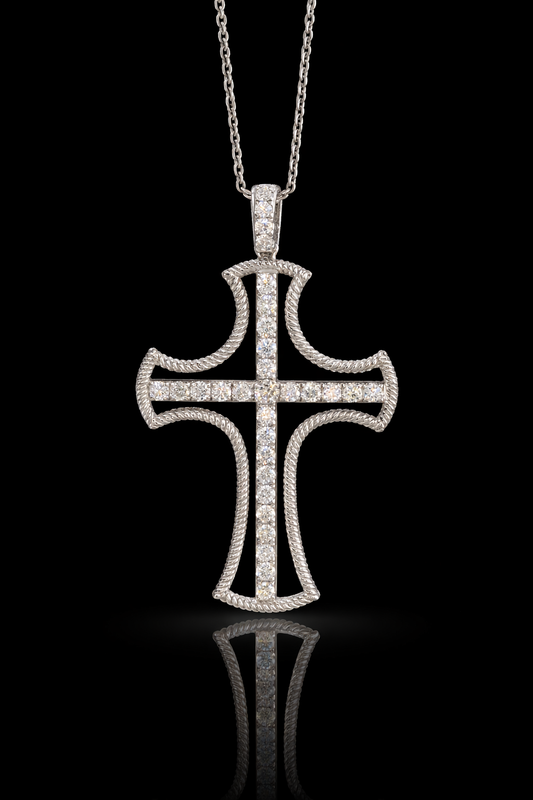 Natural Diamond Rope Cross Necklace in White Gold | Pavé Cross Pendant