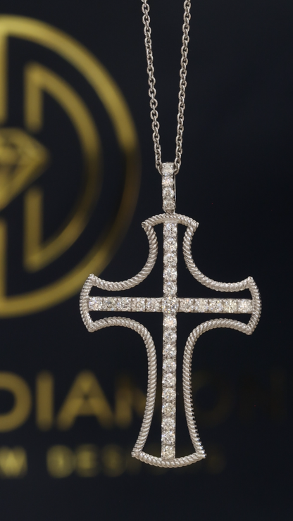 Natural Diamond Rope Cross Necklace in White Gold | Pavé Cross Pendant