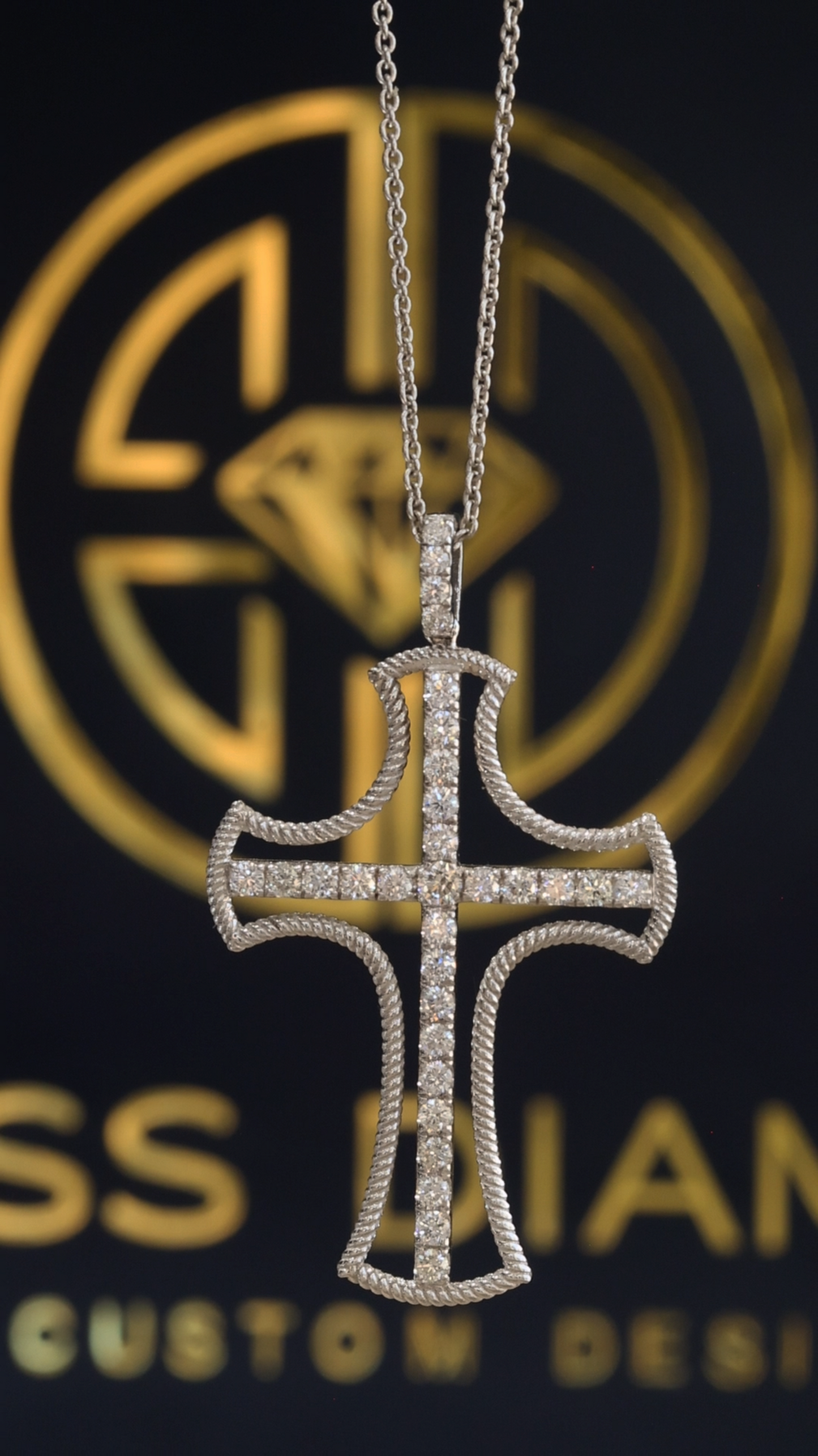 Natural Diamond Rope Cross Necklace in White Gold | Pavé Cross Pendant
