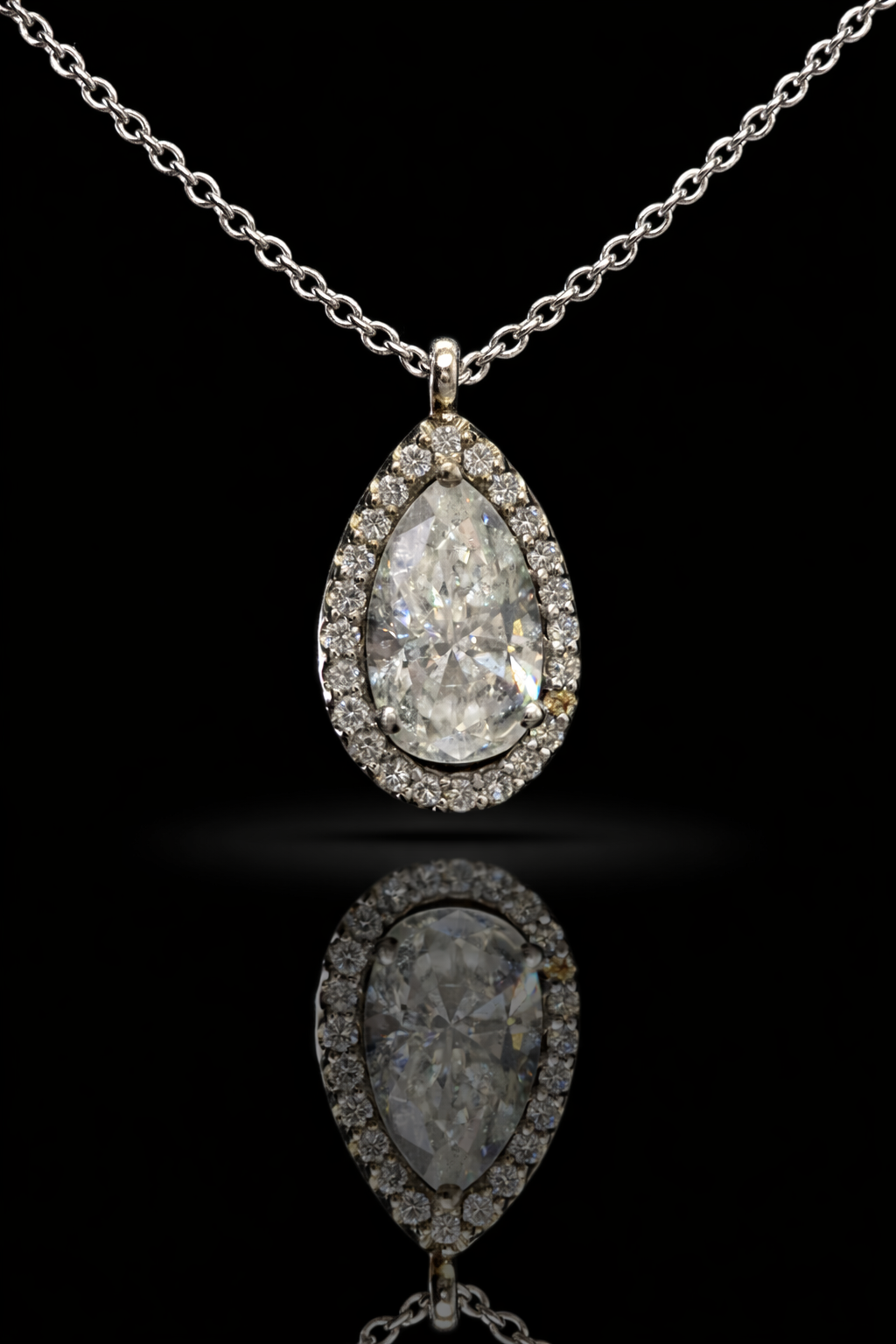 Natural Pear Diamond Halo Necklace in White Gold | Classic Teardrop Elegance