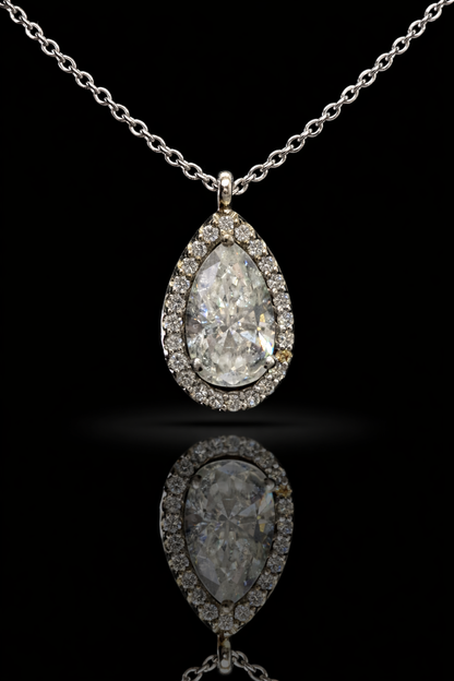 Natural Pear Diamond Halo Necklace in White Gold | Classic Teardrop Elegance