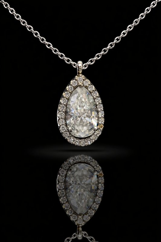 Natural Pear Diamond Halo Necklace in White Gold | Classic Teardrop Elegance