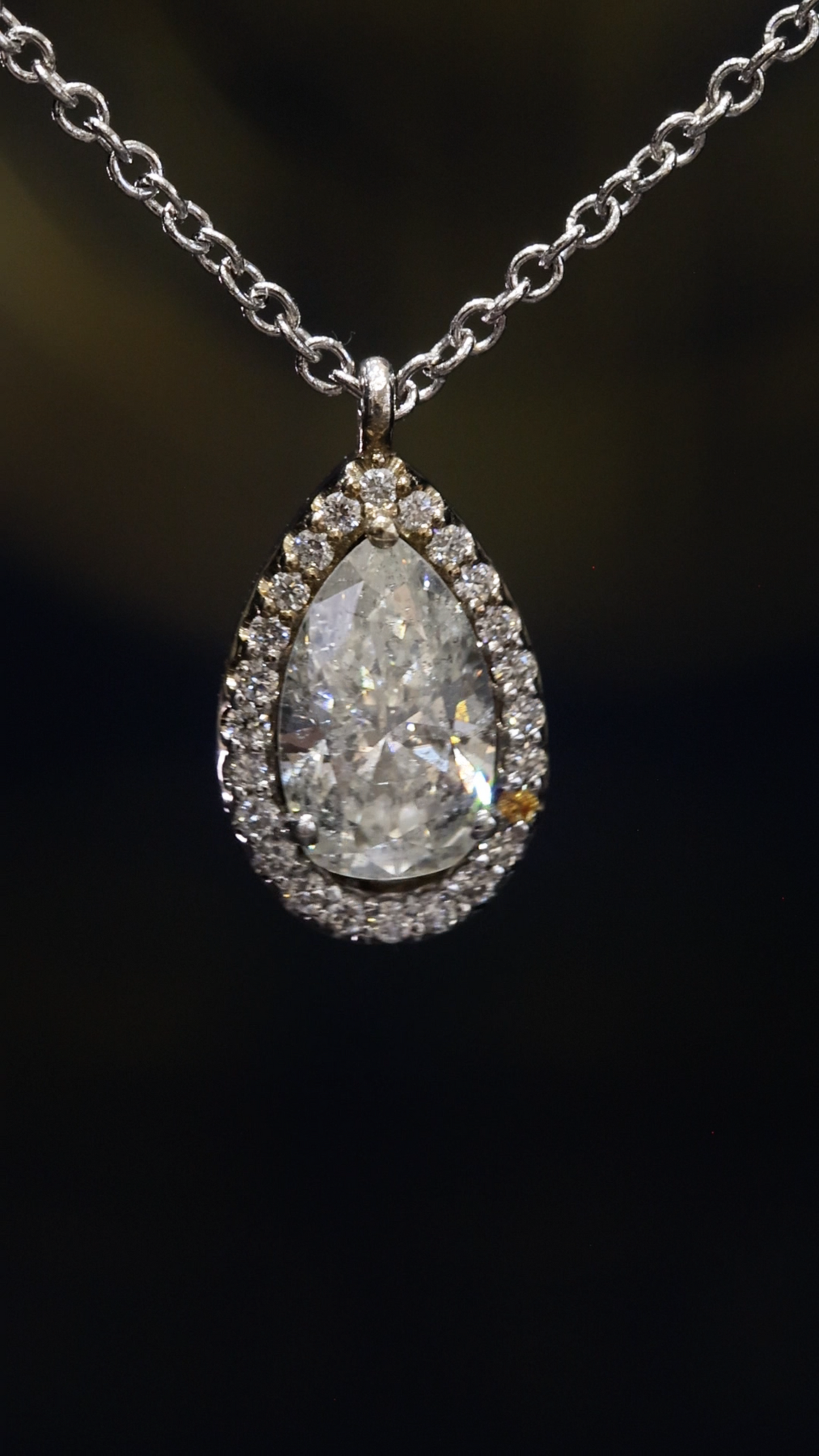 Natural Pear Diamond Halo Necklace in White Gold | Classic Teardrop Elegance