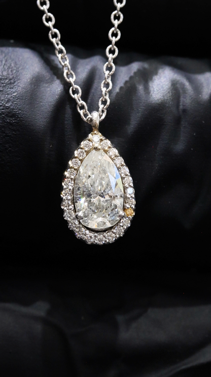 Natural Pear Diamond Halo Necklace in White Gold | Classic Teardrop Elegance