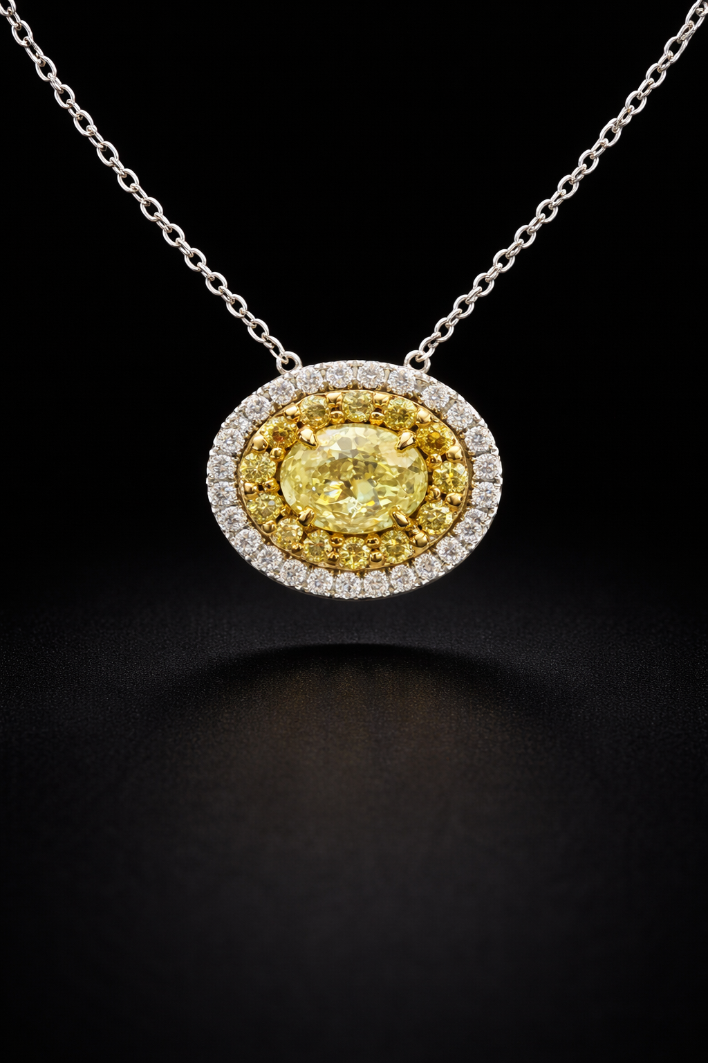 Natural Fancy Yellow Oval Diamond Halo Necklace in White Gold | Double Halo Design