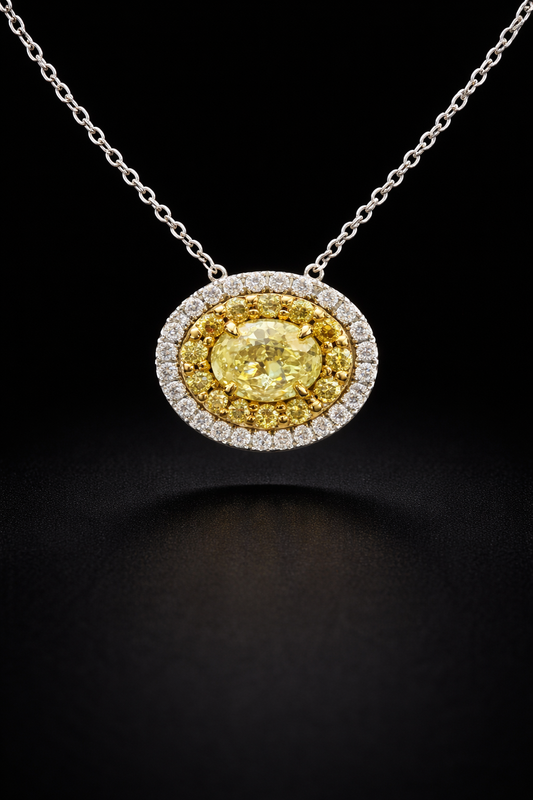Natural Fancy Yellow Oval Diamond Halo Necklace in White Gold | Double Halo Design
