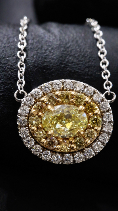 Natural Fancy Yellow Oval Diamond Halo Necklace in White Gold | Double Halo Design