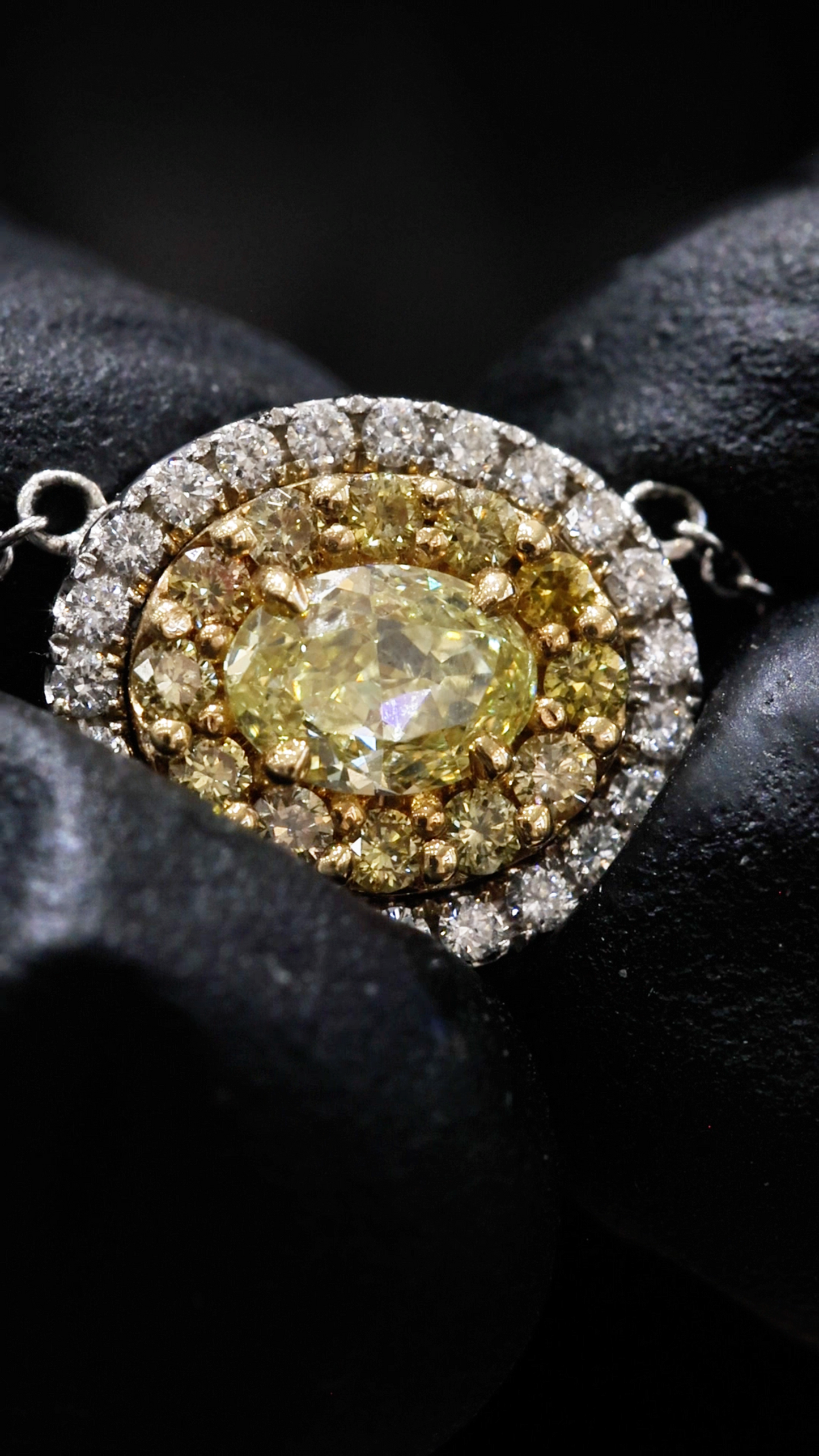 Natural Fancy Yellow Oval Diamond Halo Necklace in White Gold | Double Halo Design