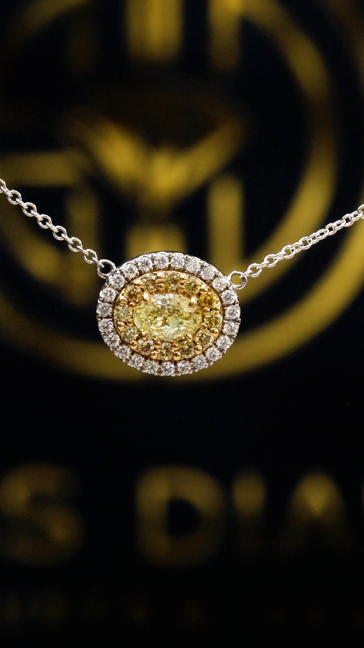 Natural Fancy Yellow Oval Diamond Halo Necklace in White Gold | Double Halo Design