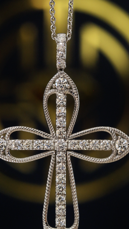 Natural Diamond Rope-Edge Cross Necklace in White Gold | Open Cross Design