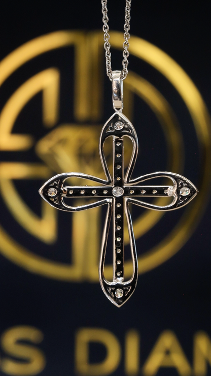 Natural Diamond Rope-Edge Cross Necklace in White Gold | Open Cross Design