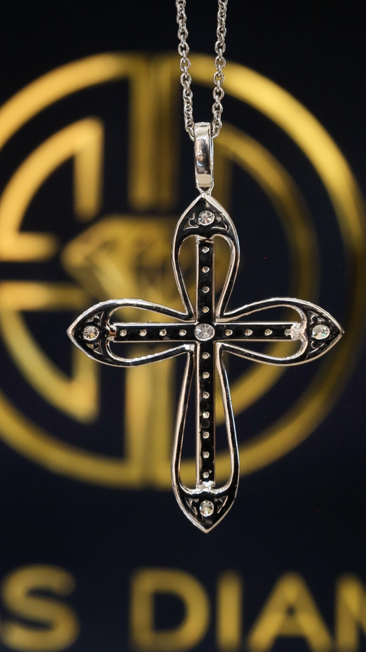 Natural Diamond Rope-Edge Cross Necklace in White Gold | Open Cross Design