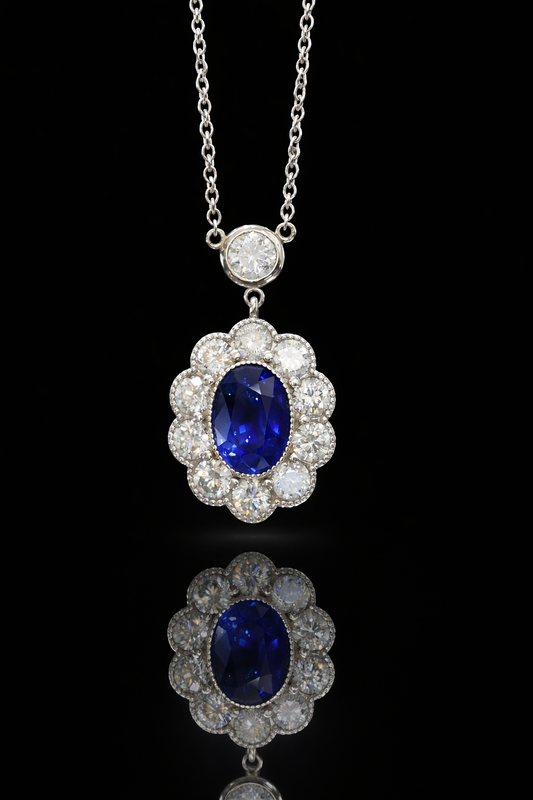 Natural Blue Sapphire & Diamond Halo Pendant Necklace in 14K White Gold | Vintage Floral Design