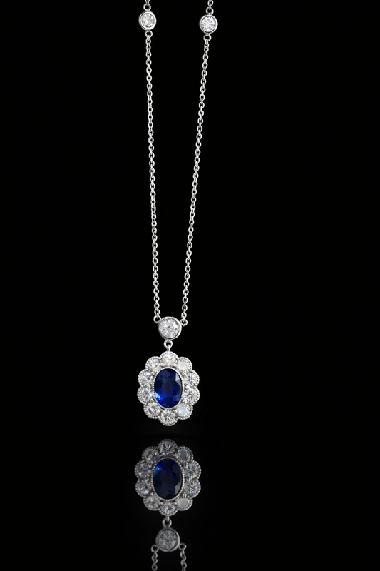 Natural Blue Sapphire & Diamond Halo Pendant Necklace in 14K White Gold | Vintage Floral Design