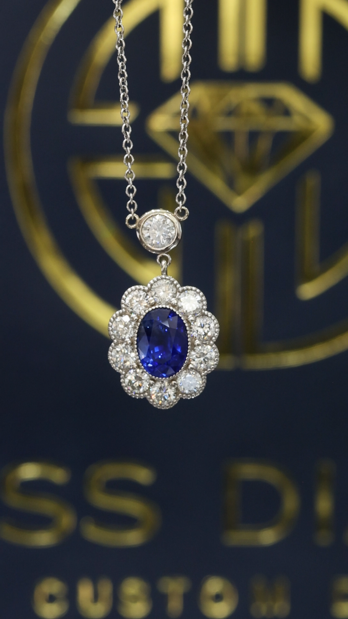 Natural Blue Sapphire & Diamond Halo Pendant Necklace in 14K White Gold | Vintage Floral Design