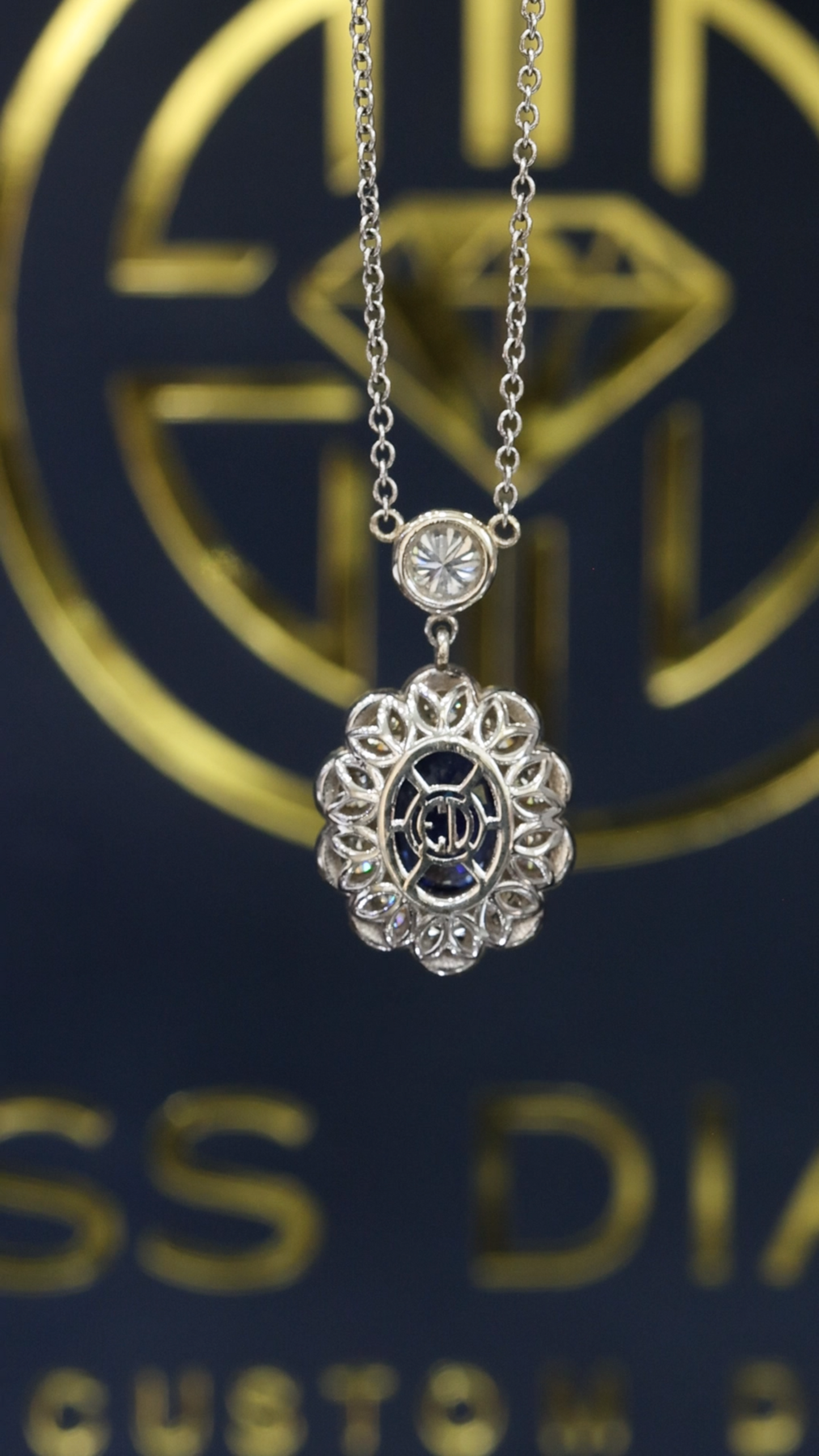 Natural Blue Sapphire & Diamond Halo Pendant Necklace in 14K White Gold | Vintage Floral Design
