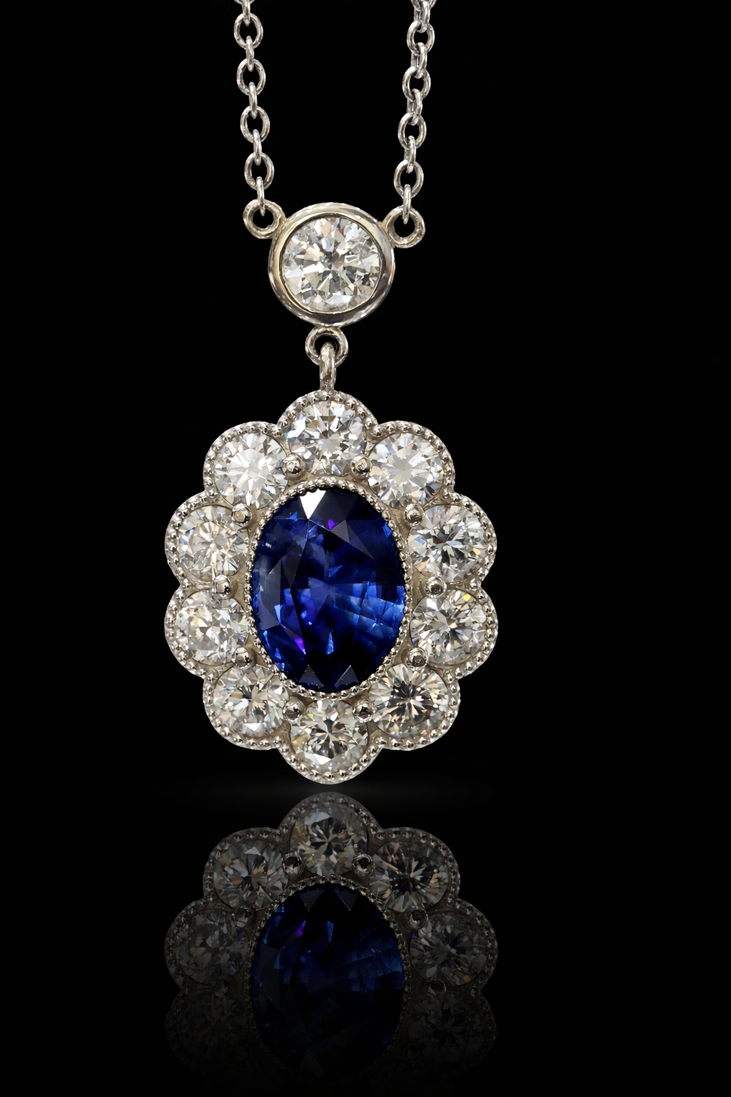 Natural Blue Sapphire & Diamond Halo Pendant Necklace in 14K White Gold | Vintage Floral Design