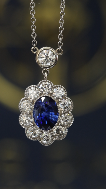 Natural Blue Sapphire & Diamond Halo Pendant Necklace in 14K White Gold | Vintage Floral Design