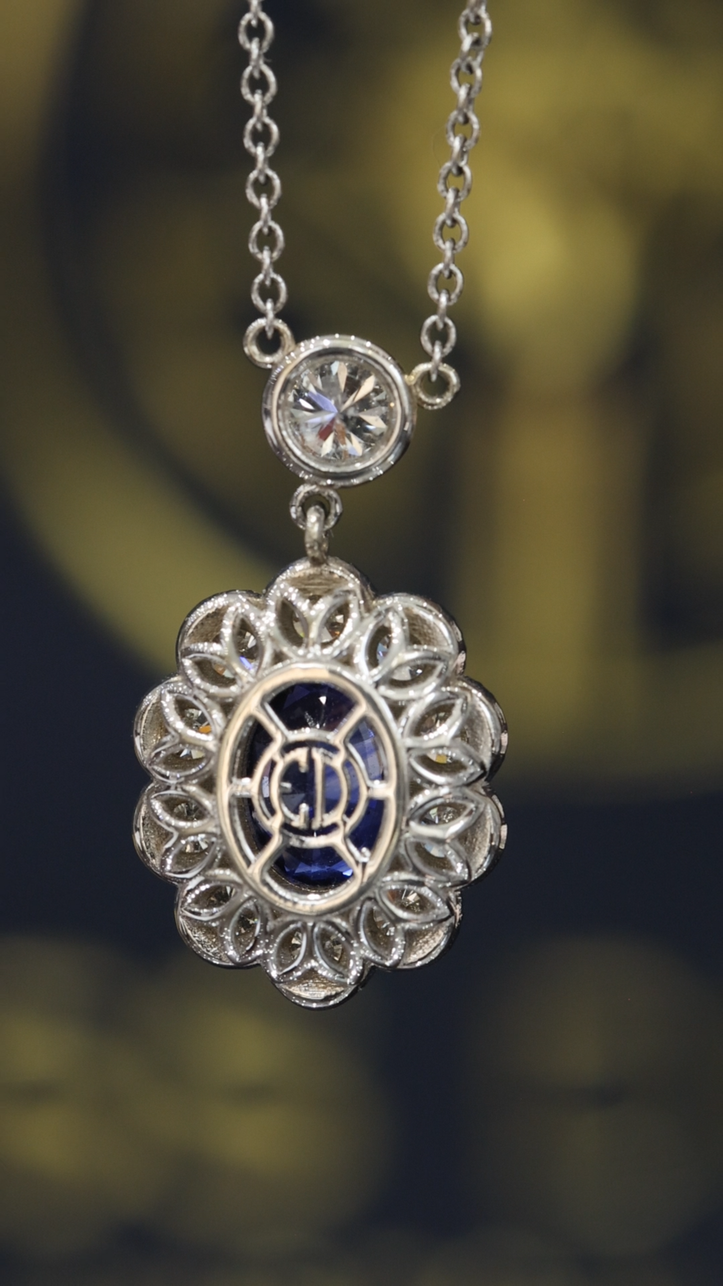 Natural Blue Sapphire & Diamond Halo Pendant Necklace in 14K White Gold | Vintage Floral Design