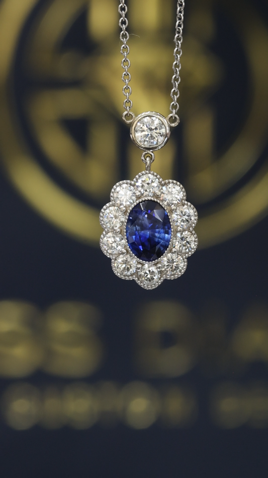 Natural Blue Sapphire & Diamond Halo Pendant Necklace in 14K White Gold | Vintage Floral Design