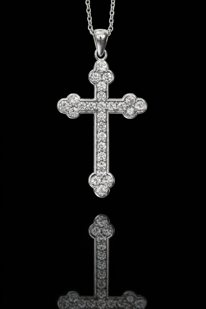 Natural Round Brilliant Diamond Cross Necklace in 14K White Gold | Bezel & Cluster Design