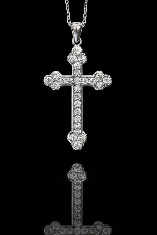 Natural Round Brilliant Diamond Cross Necklace in 14K White Gold | Bezel & Cluster Design