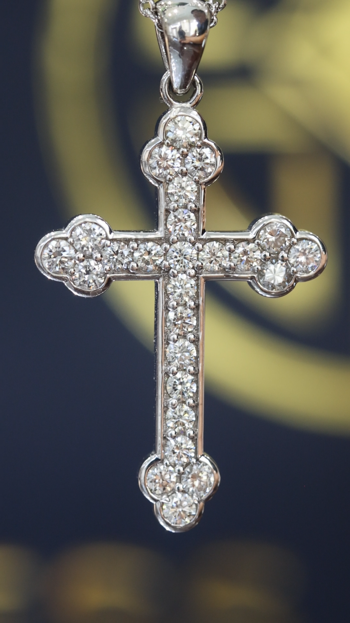 Natural Round Brilliant Diamond Cross Necklace in 14K White Gold | Bezel & Cluster Design