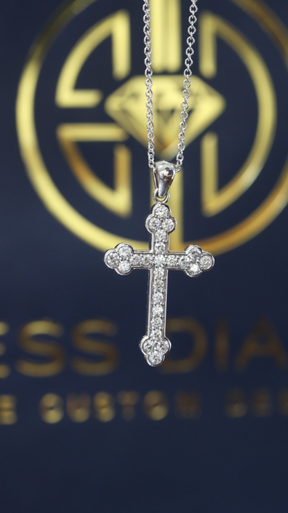 Natural Round Brilliant Diamond Cross Necklace in 14K White Gold | Bezel & Cluster Design
