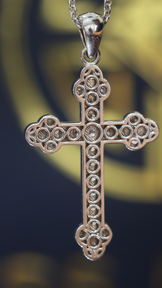 Natural Round Brilliant Diamond Cross Necklace in 14K White Gold | Bezel & Cluster Design