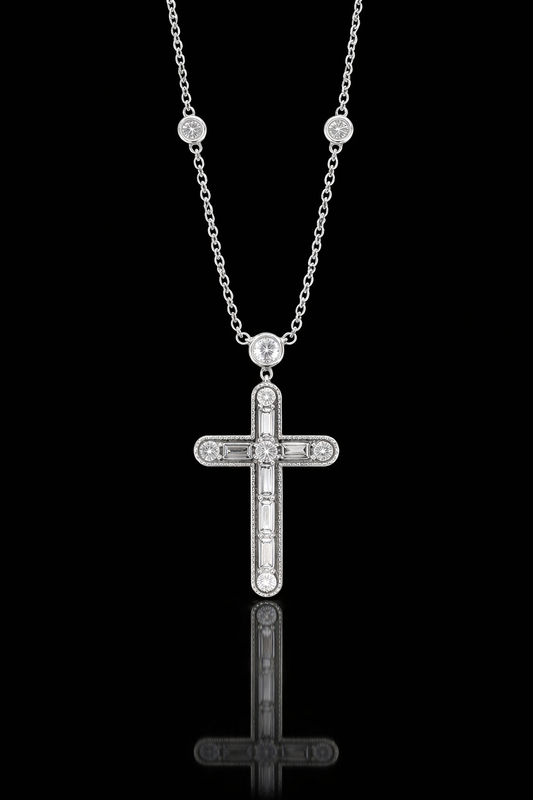 Natural Diamond Cross Pendant Necklace in 14K White Gold | Round & Baguette Diamond Design