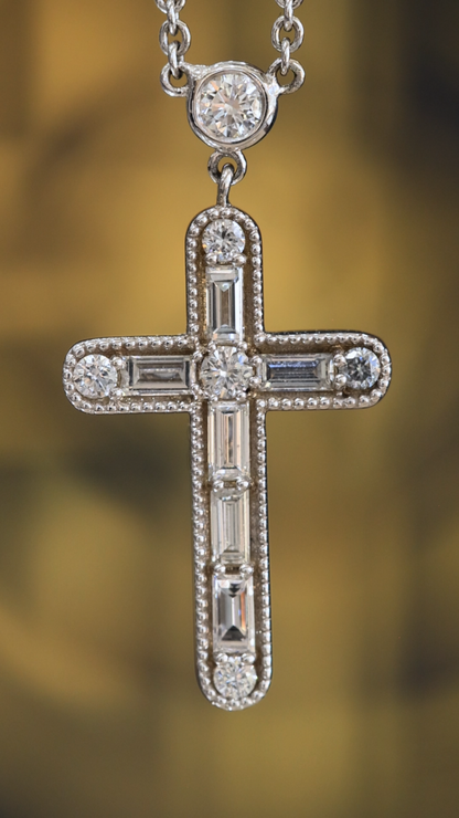 Natural Diamond Cross Pendant Necklace in 14K White Gold | Round & Baguette Diamond Design