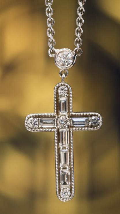 Natural Diamond Cross Pendant Necklace in 14K White Gold | Round & Baguette Diamond Design
