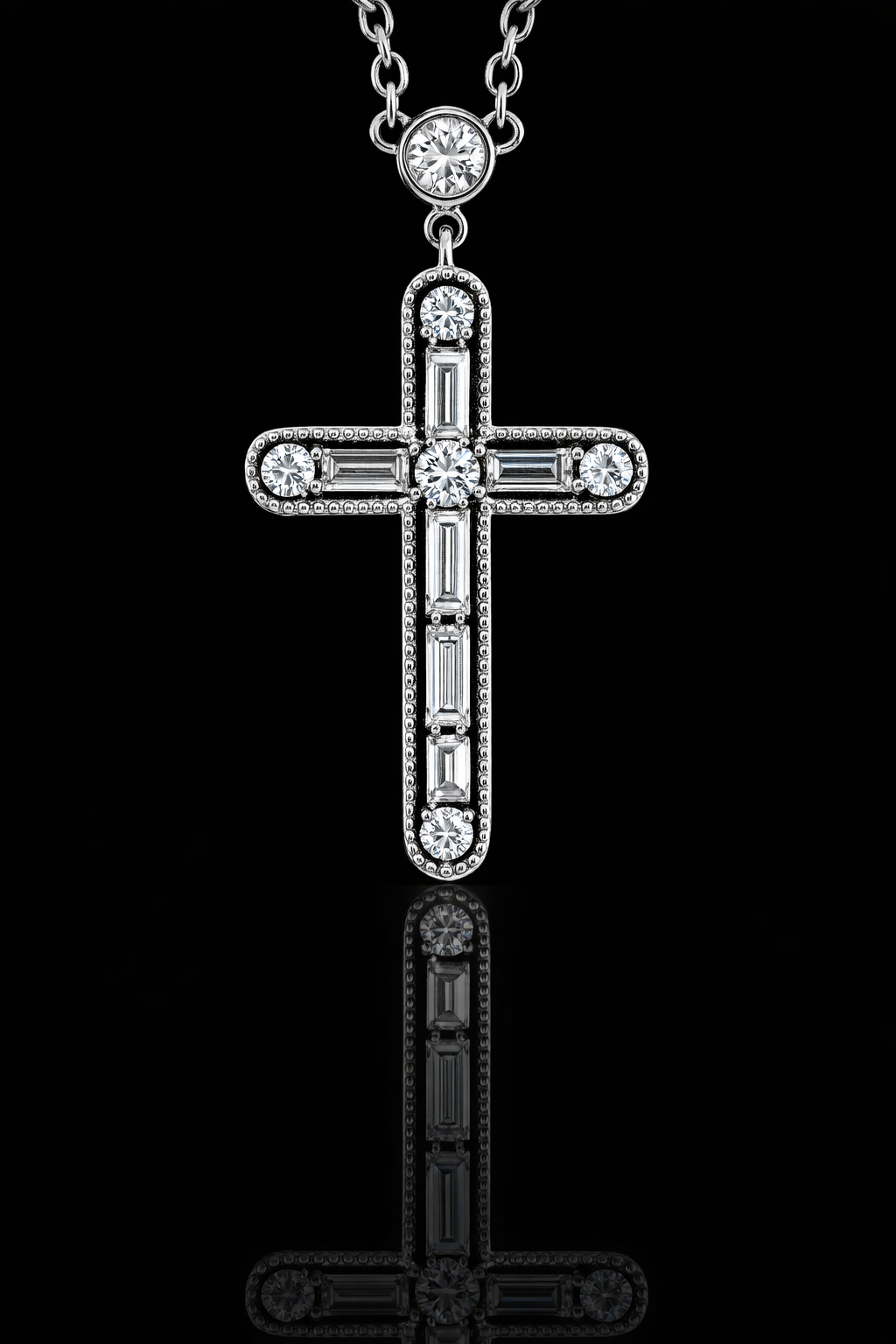 Natural Diamond Cross Pendant Necklace in 14K White Gold | Round & Baguette Diamond Design