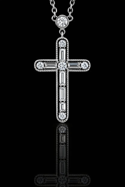 Natural Diamond Cross Pendant Necklace in 14K White Gold | Round & Baguette Diamond Design