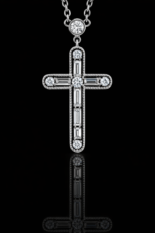 Natural Diamond Cross Pendant Necklace in 14K White Gold | Round & Baguette Diamond Design