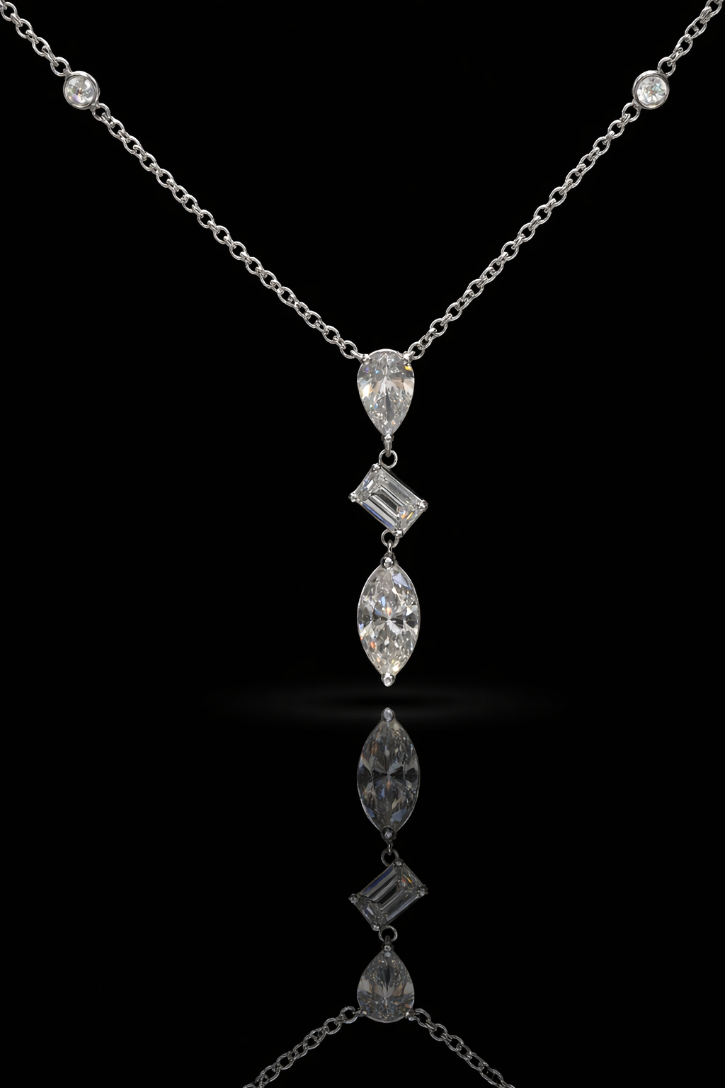 Natural Diamond Mixed-Cut Drop Pendant Necklace in White Gold | Station Chain Design