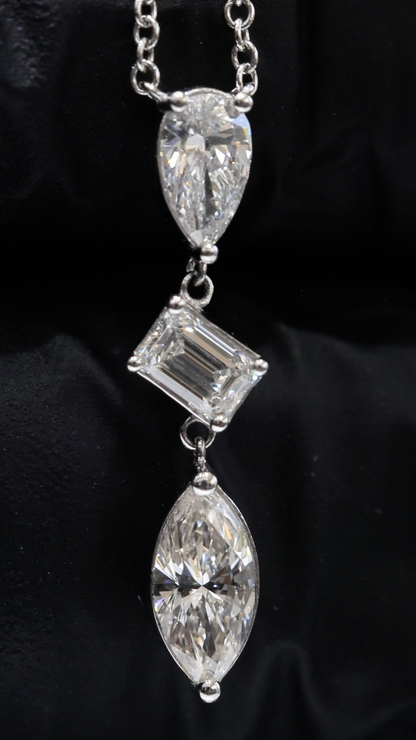 Natural Diamond Mixed-Cut Drop Pendant Necklace in White Gold | Station Chain Design
