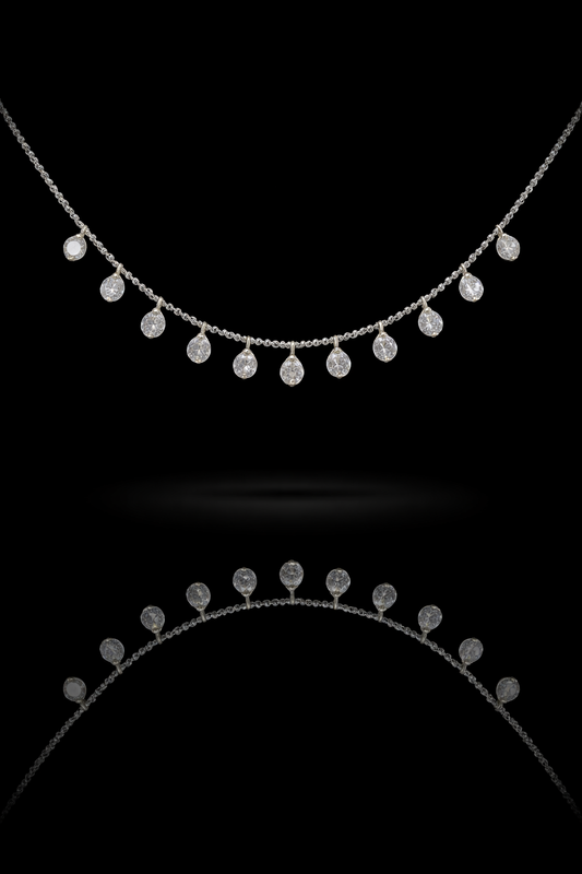 Natural Diamond Dangling Teardrop Station Necklace in White Gold | Elegant Fringe Design