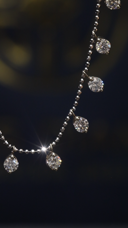 Natural Diamond Dangling Teardrop Station Necklace in White Gold | Elegant Fringe Design