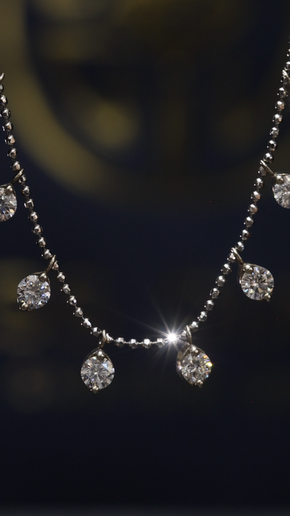 Natural Diamond Dangling Teardrop Station Necklace in White Gold | Elegant Fringe Design