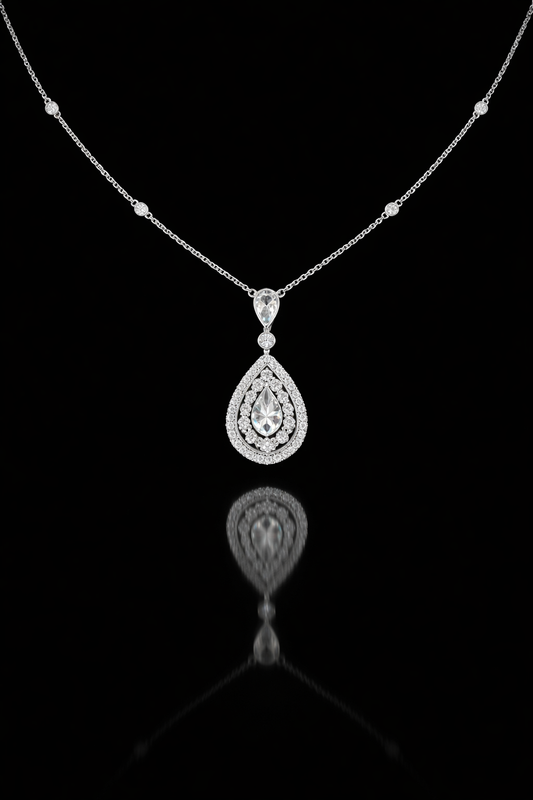 Pear Shape Diamond Drop Pendant Necklace in 14K White Gold | Halo Teardrop Design