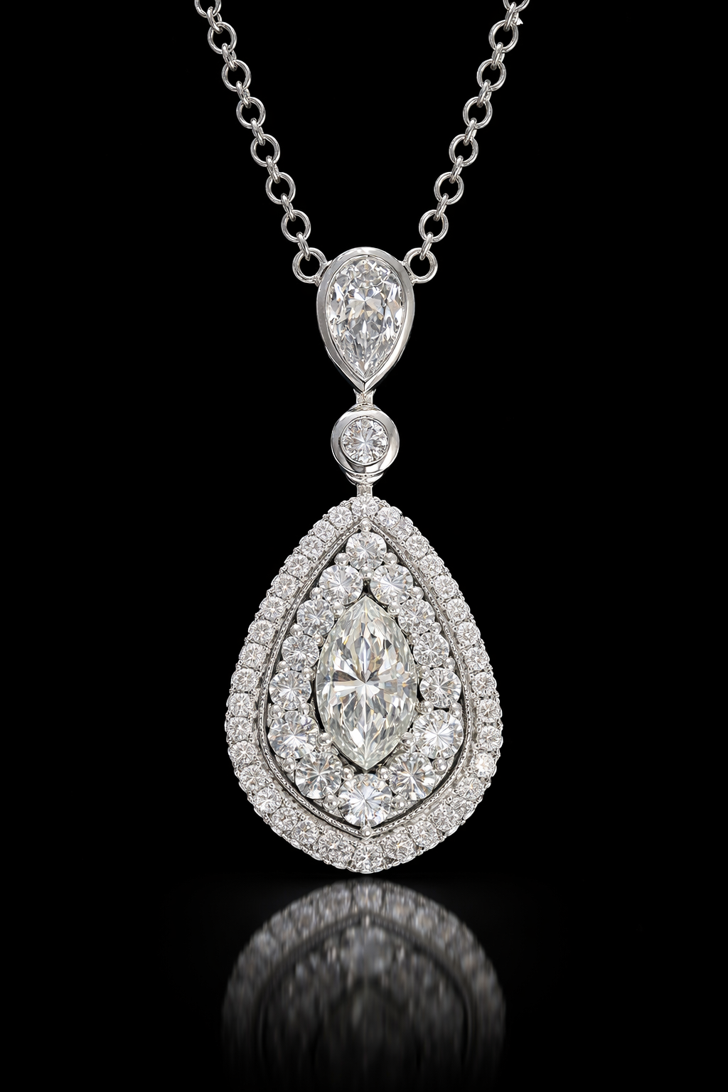 Pear Shape Diamond Drop Pendant Necklace in 14K White Gold | Halo Teardrop Design