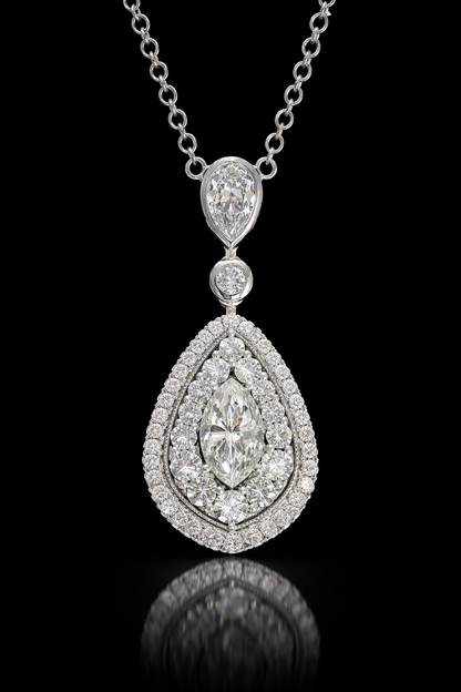 Pear Shape Diamond Drop Pendant Necklace in 14K White Gold | Halo Teardrop Design