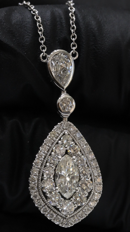Pear Shape Diamond Drop Pendant Necklace in 14K White Gold | Halo Teardrop Design