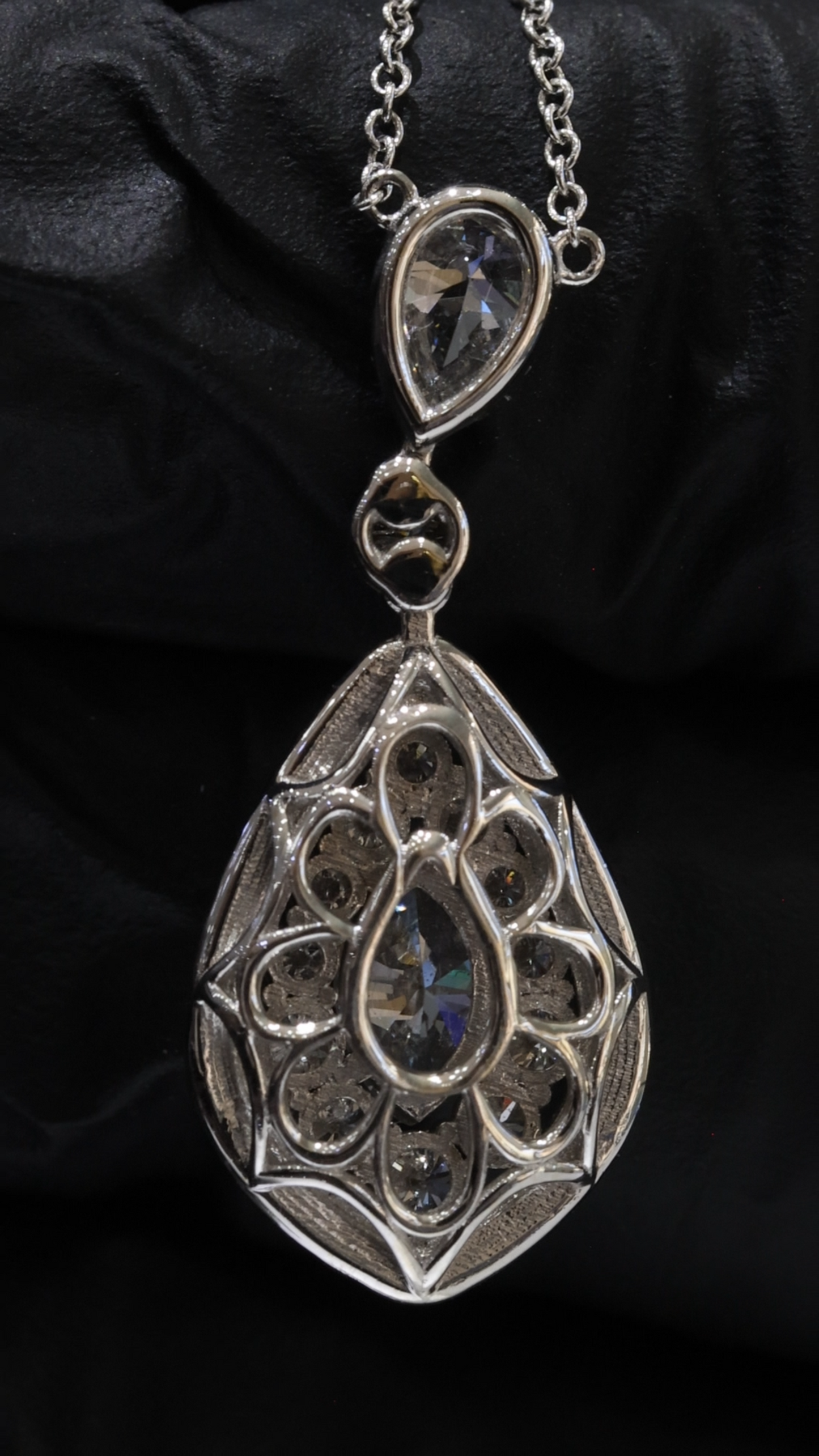 Pear Shape Diamond Drop Pendant Necklace in 14K White Gold | Halo Teardrop Design