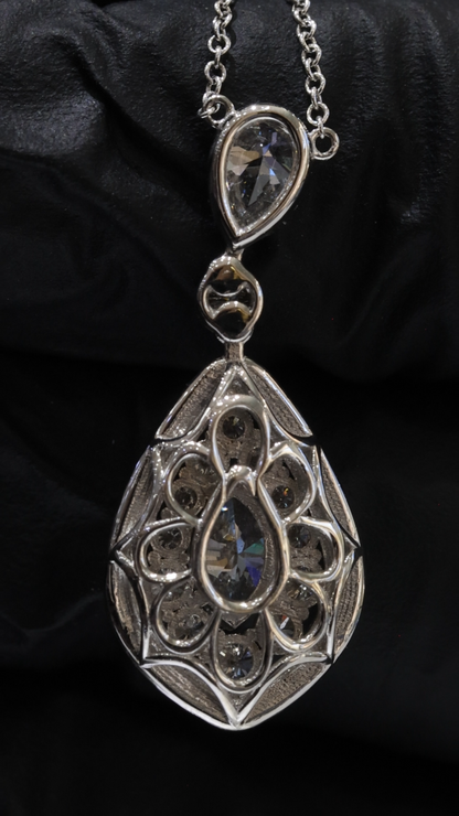 Pear Shape Diamond Drop Pendant Necklace in 14K White Gold | Halo Teardrop Design