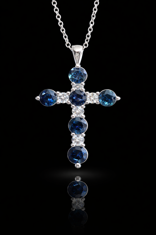 Natural Sapphire & Diamond Cross Pendant Necklace in 14K White Gold | Alternating Round Gemstone Design