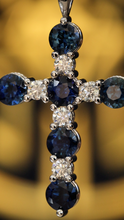 Natural Sapphire & Diamond Cross Pendant Necklace in 14K White Gold | Alternating Round Gemstone Design